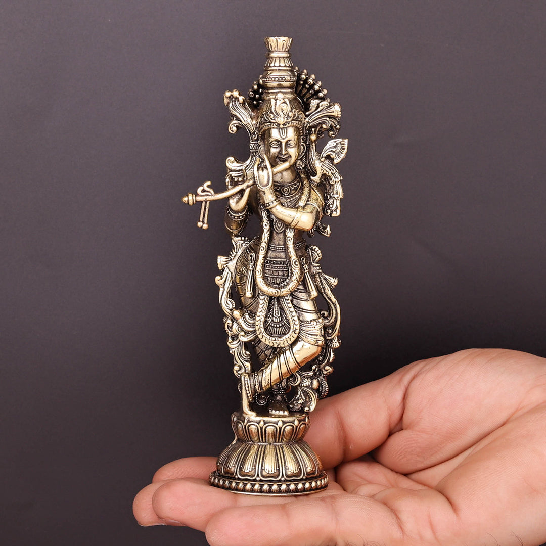 Brass Superfine Krishna Idol Intricate Carvings 6 Inch