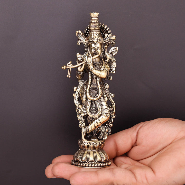 Brass Superfine Krishna Idol Intricate Carvings 6 Inch