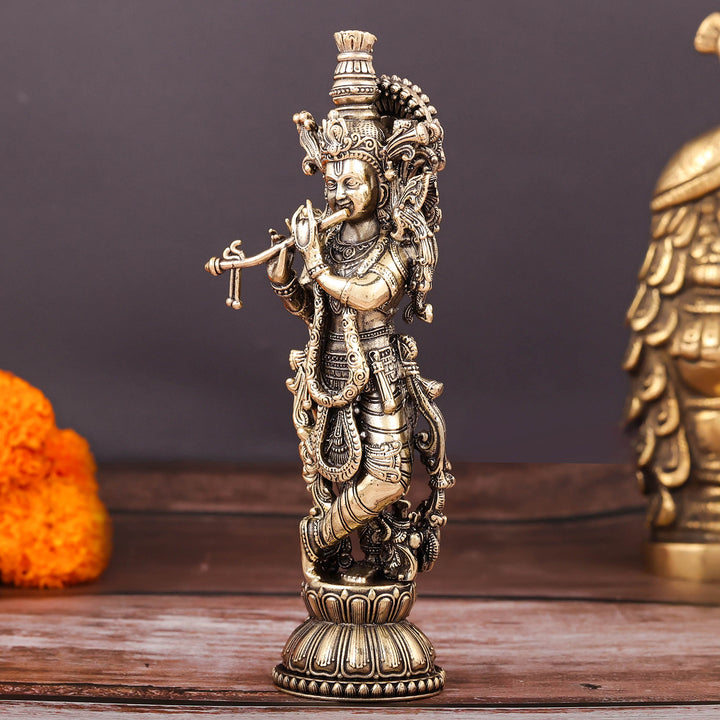 Brass Superfine Krishna Idol Intricate Carvings 6 Inch