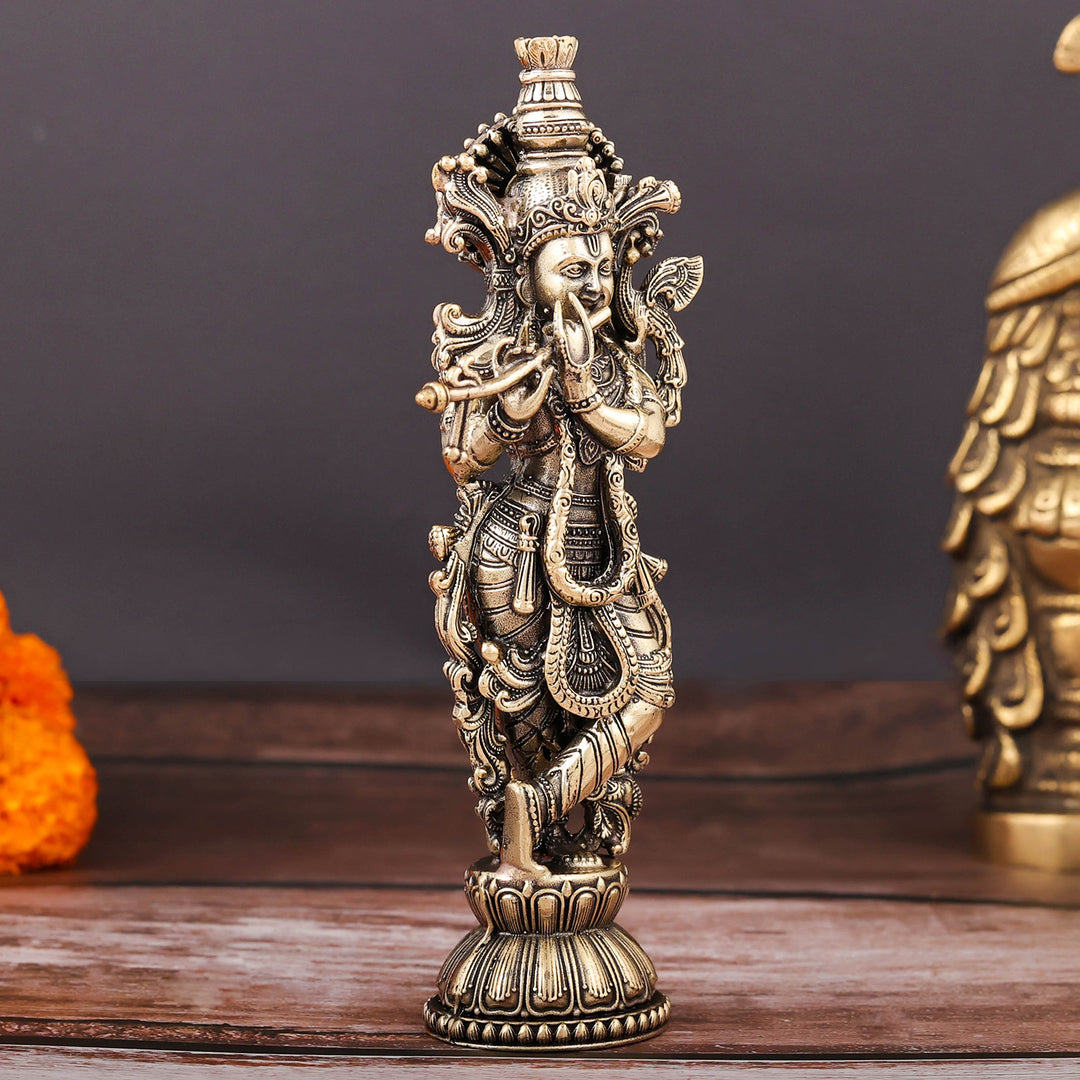 Brass Superfine Krishna Idol Intricate Carvings 6 Inch