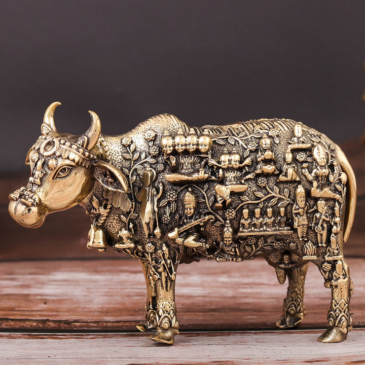 Brass Superfine Kamadhenu Cow with Engraved Gods and Goddesses 4 Inch