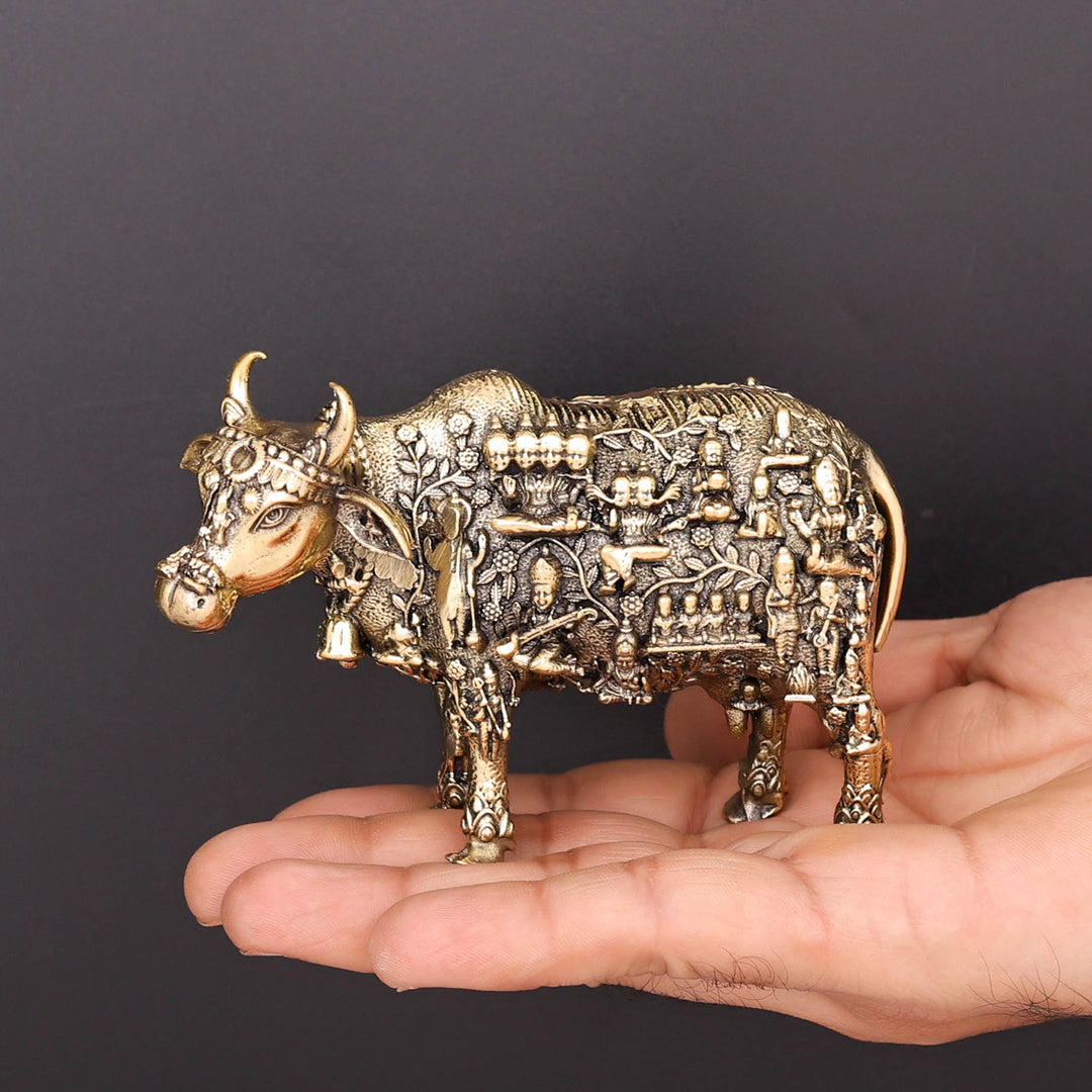 Brass Superfine Kamadhenu Cow with Engraved Gods and Goddesses 4 Inch