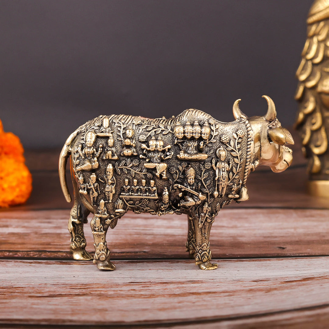 Brass Superfine Kamadhenu Cow with Engraved Gods and Goddesses 4 Inch