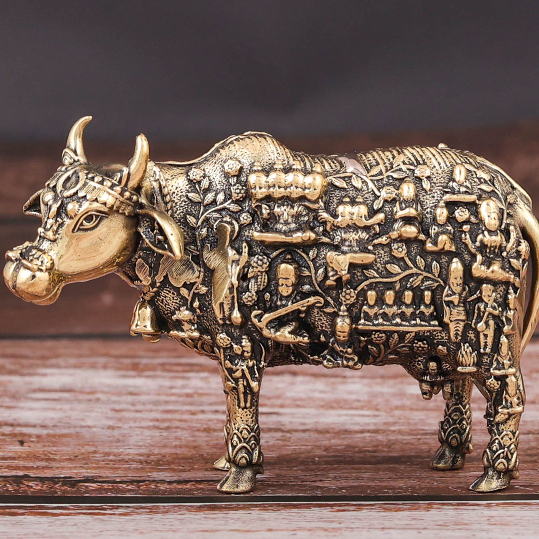 Brass Superfine Small Kamadhenu Cow with Engraved Gods and Goddesses 3 Inch