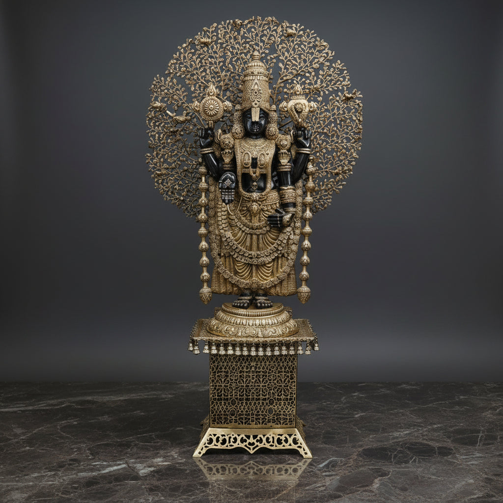 Brass Large Venkateshwara Tirupati Balaji Idol With Tree & Pedestal 6 Feet