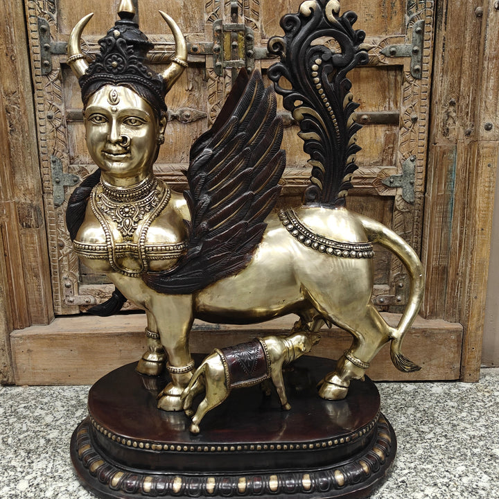 Brass Large Exquisite Kamdhenu Cow With Calf Statue 3 Feet