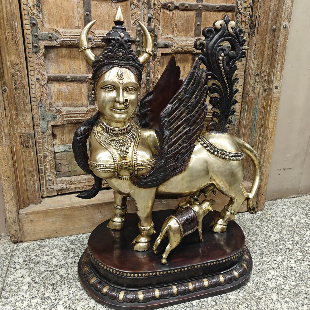 Brass Large Exquisite Kamdhenu Cow With Calf Statue 3 Feet