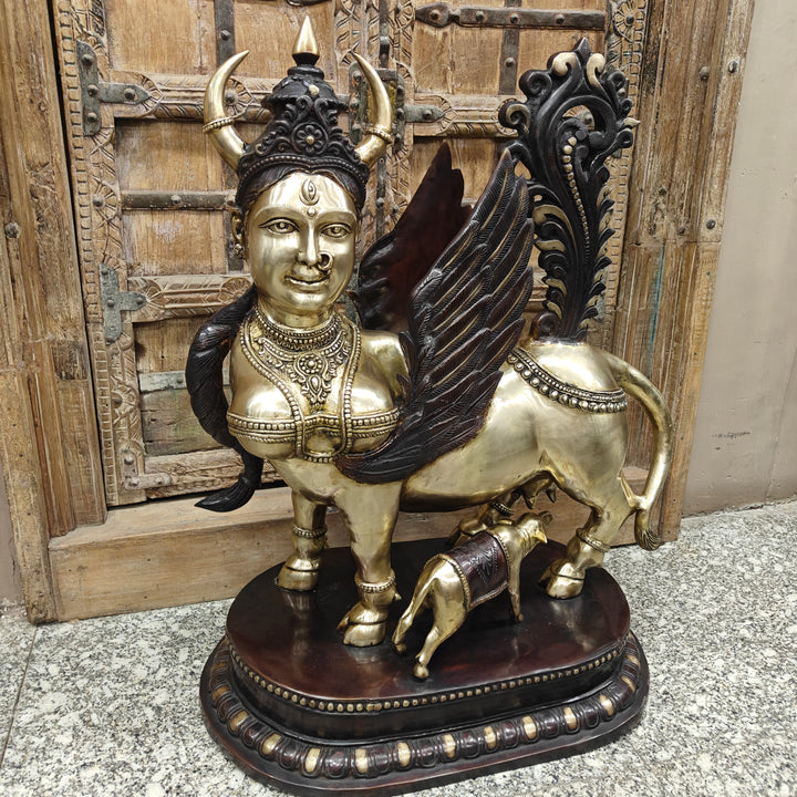 Brass Large Exquisite Kamdhenu Cow With Calf Statue 3 Feet