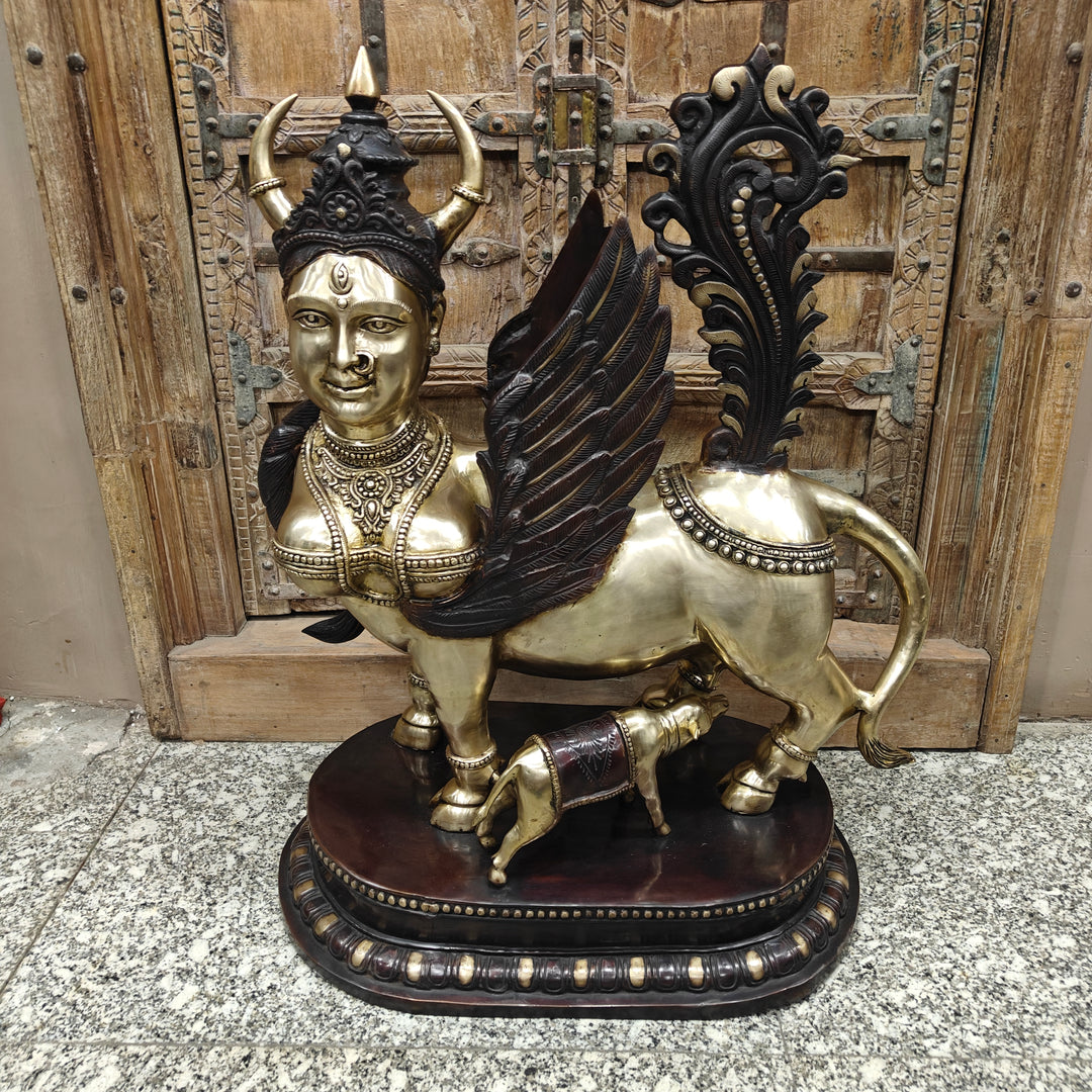 Brass Large Exquisite Kamdhenu Cow With Calf Statue 3 Feet