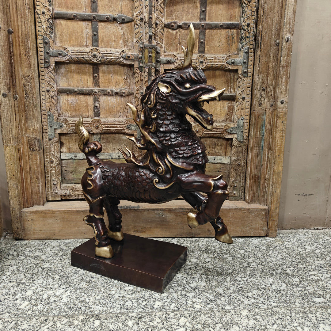 Brass Nepalese Lion Statue Sculpture Antique Finish Decor Showpiece 33 Inch