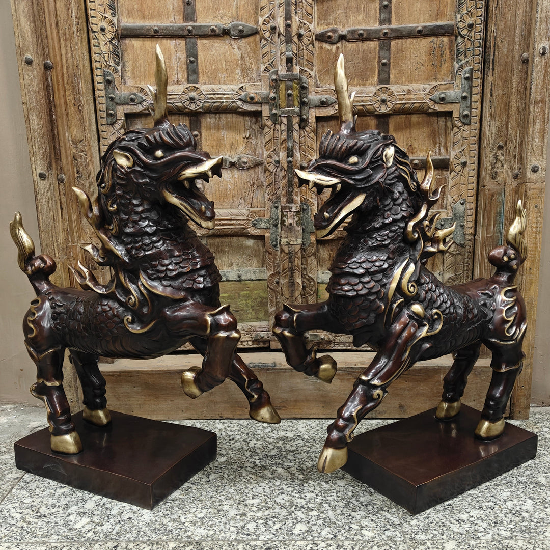 Brass Nepalese Lion Pair Sculpture Antique Finish Decor Showpiece 33 Inch