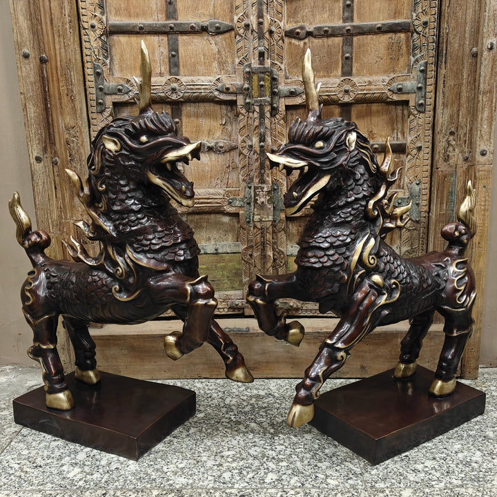 Brass Nepalese Lion Pair Sculpture Antique Finish Decor Showpiece 33 Inch