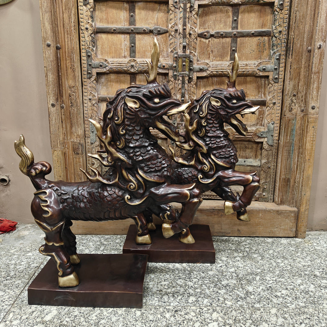 Brass Nepalese Lion Pair Sculpture Antique Finish Decor Showpiece 33 Inch