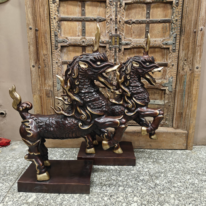 Brass Nepalese Lion Pair Sculpture Antique Finish Decor Showpiece 33 Inch