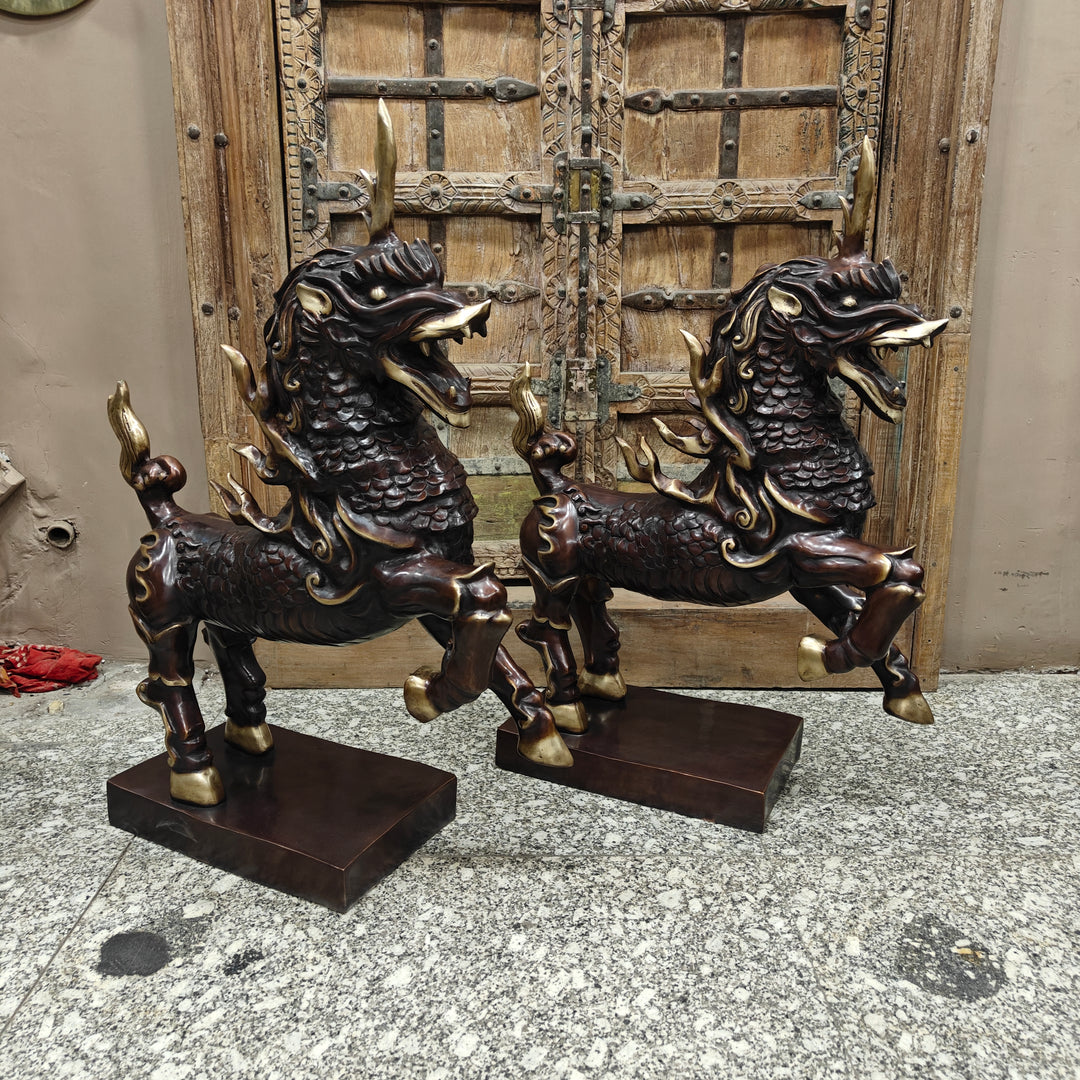 Brass Nepalese Lion Pair Sculpture Antique Finish Decor Showpiece 33 Inch