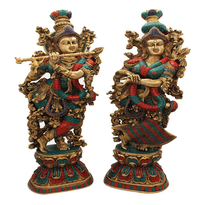 Brass Hindu God Krishna goddess radha statue turquoise coral religious décor 29"