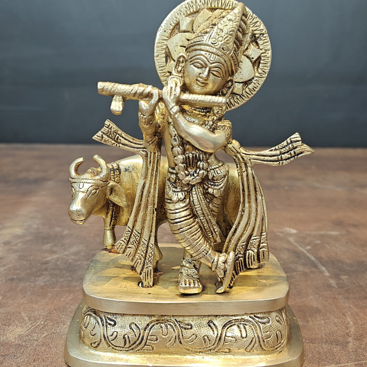 Brass Lord Krishna Standing With Cow Statue 7 Inch