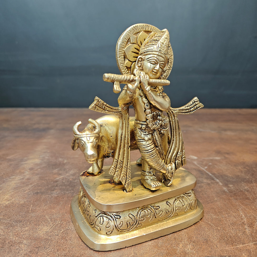 Brass Lord Krishna Standing With Cow Statue 7 Inch