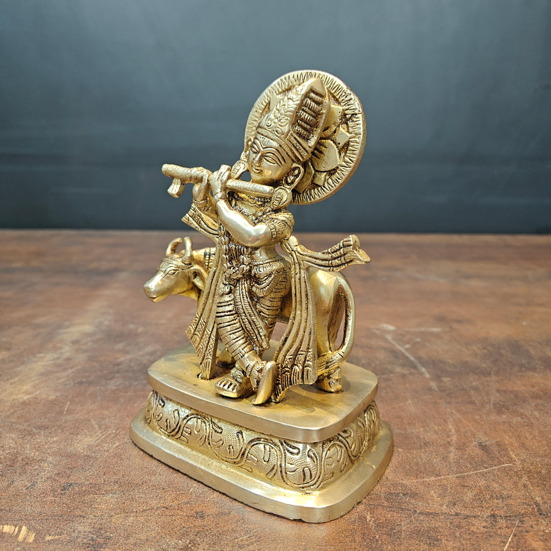 Brass Lord Krishna Standing With Cow Statue 7 Inch