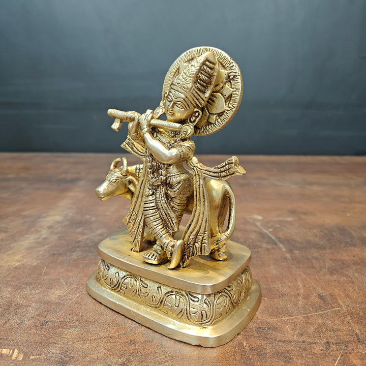 Brass Lord Krishna Standing With Cow Statue 7 Inch