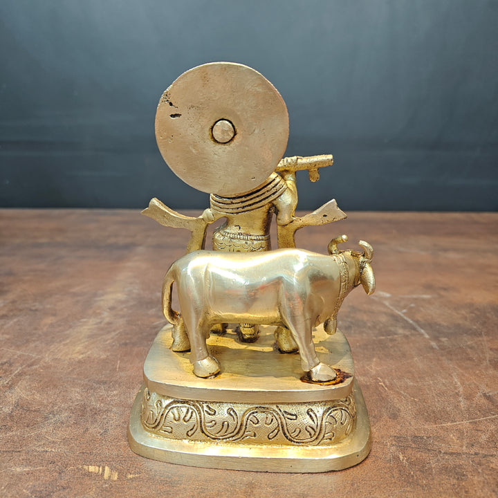 Brass Lord Krishna Standing With Cow Statue 7 Inch