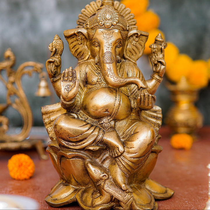 Brass Lord Ganesha Statue Sitting On Lotus For Home Decor 10 Inch