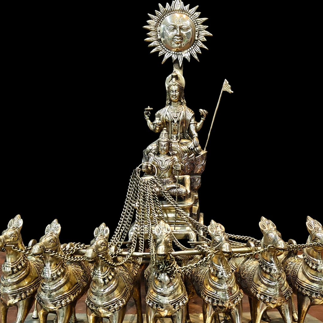 Brass Big Surya Rath With Seven Horses Golden Finish 27 Inches