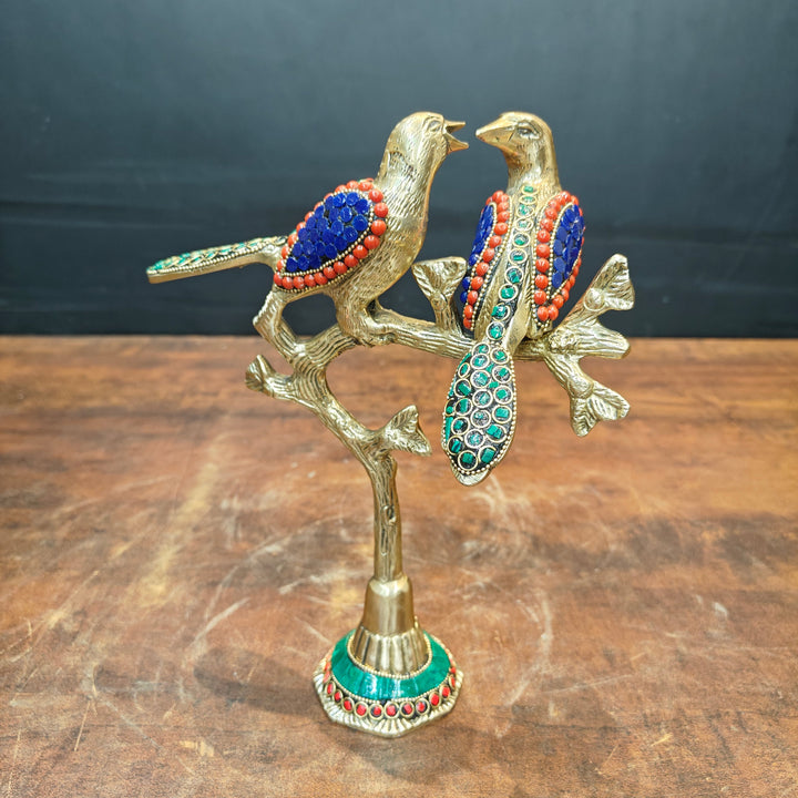 Brass Bird Pair Sitting On Tree Stone Work For Home Office Table Decor Showpiece 10 Inch 463748