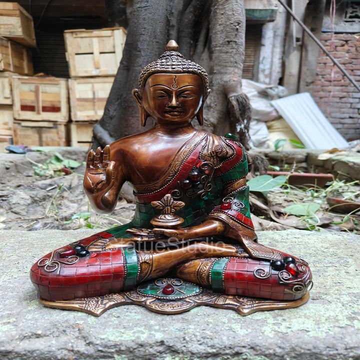 Brass Blessing Buddha Statue Antique Stone Work For Home Decor 11 - 463082