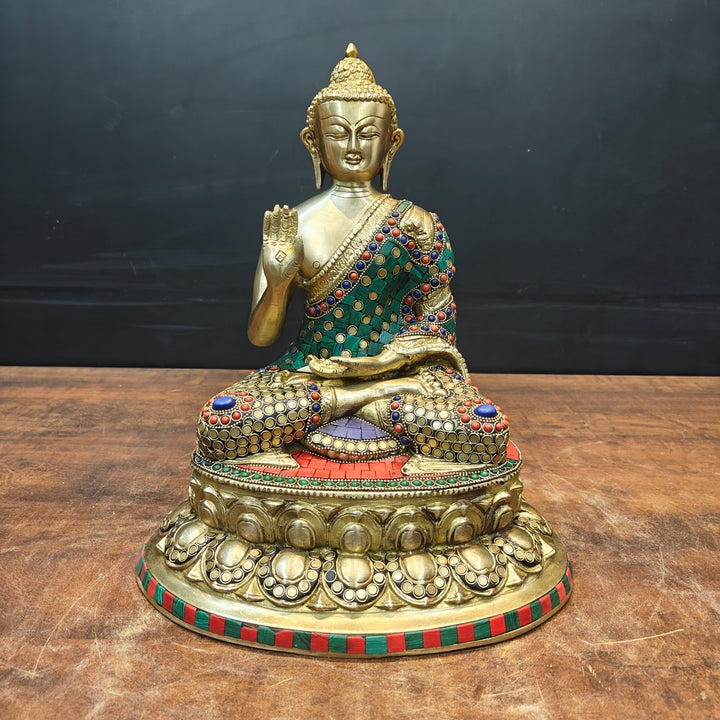 Brass Blessing Buddha Statue With Stone Work 13 Inch 463652