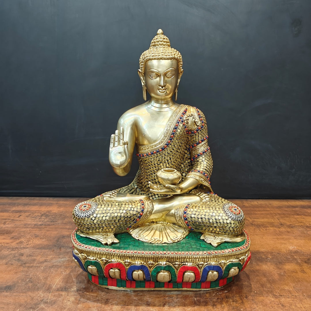 Brass Blessing Buddha Statue With Stone Work 2 Feet 463613