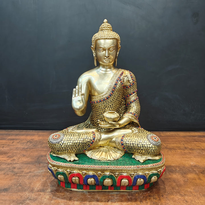 Brass Blessing Buddha Statue With Stone Work 2 Feet 463613
