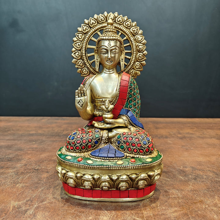 Brass Blessing Buddha Statue With Stone Work 9 Inch 463707