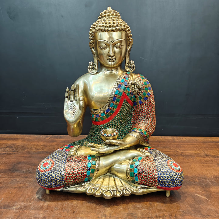 Brass Blessing Buddha Statue With Stone Work For Home Decor 20 Inches 463741