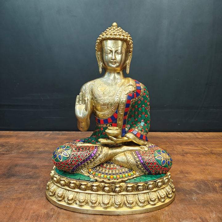 Brass Blessing Buddha Statue With Stone Wotk For Home Decor 14 Inch 463732