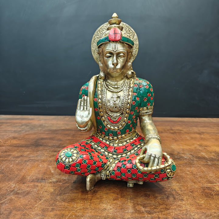 Brass Blessing Hanuman Idol Stone Work For Home Decor 11 Inch 463587