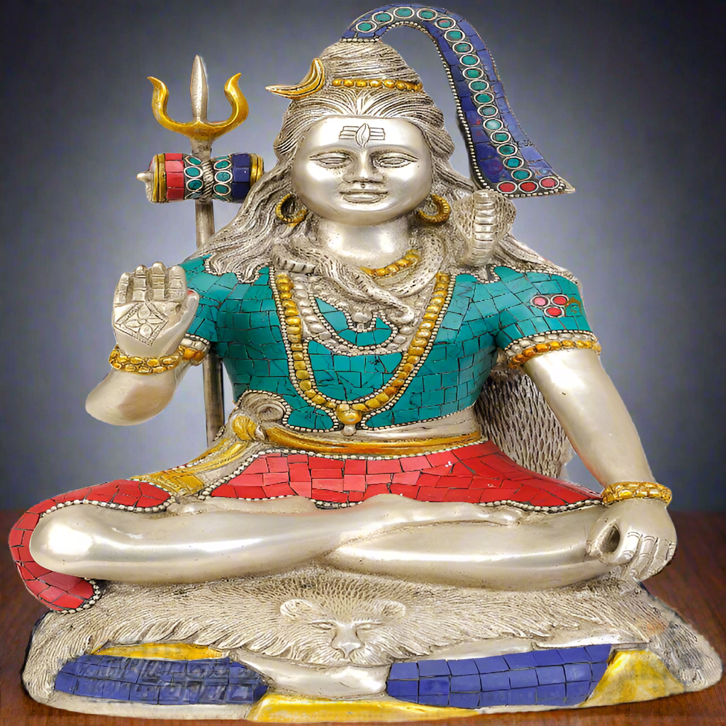 Brass Blessing Shiva Statue Silver Turquoise Coral 13 Inches 357600