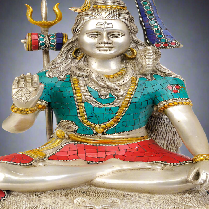 Brass Blessing Shiva Statue Silver Turquoise Coral 13 Inches 357600