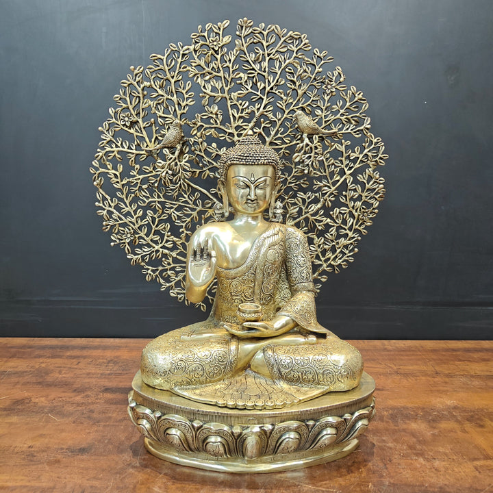 Brass Buddha Idol With Bodhi Tree Stone Work 32 Inches 463646