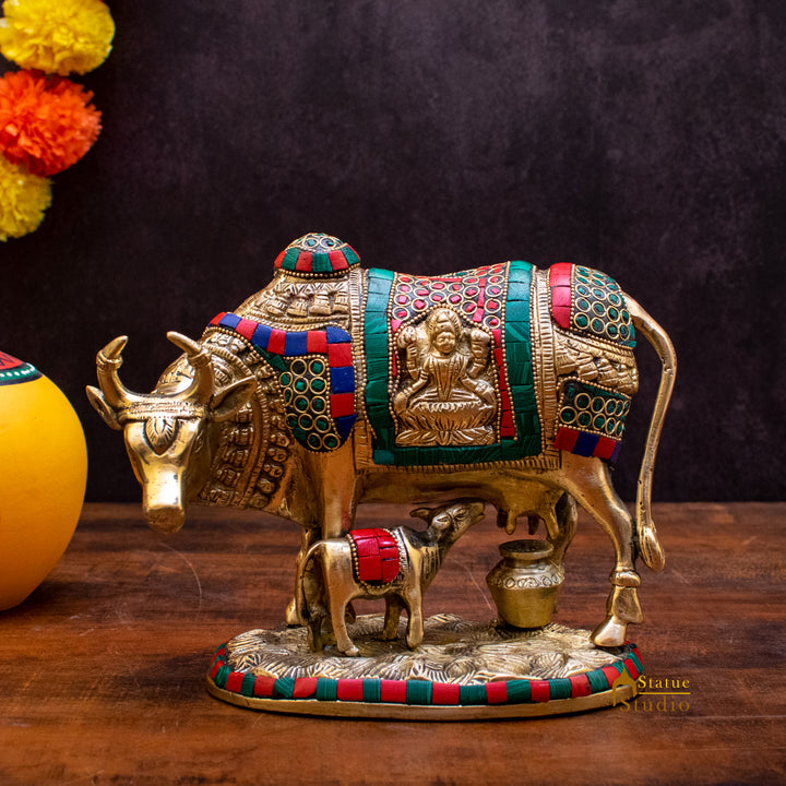 Brass Cow With Calf Lakshmi Ganesha Idol Engraved For Home Decor Showpiece 6 Inch 462635