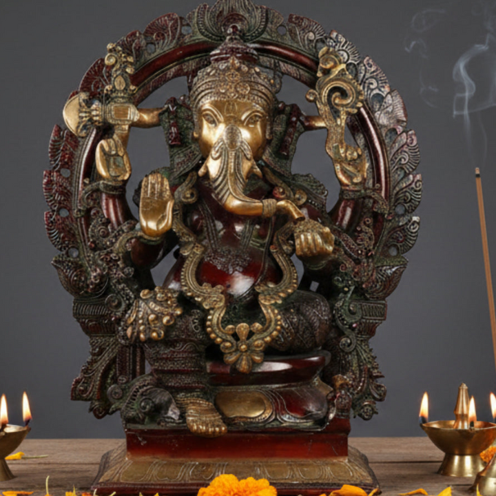Brass Fine Sitting Ganesha Statue Antique Finish For Home Decor 18 Inch