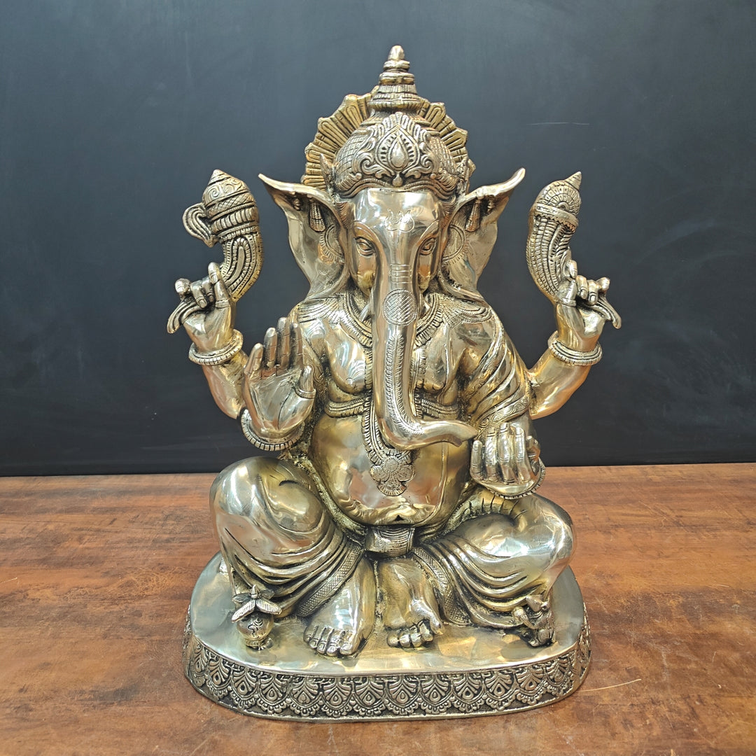 Brass Ganesha Idol Seated On Base Golden Finish 2 Feet 463594