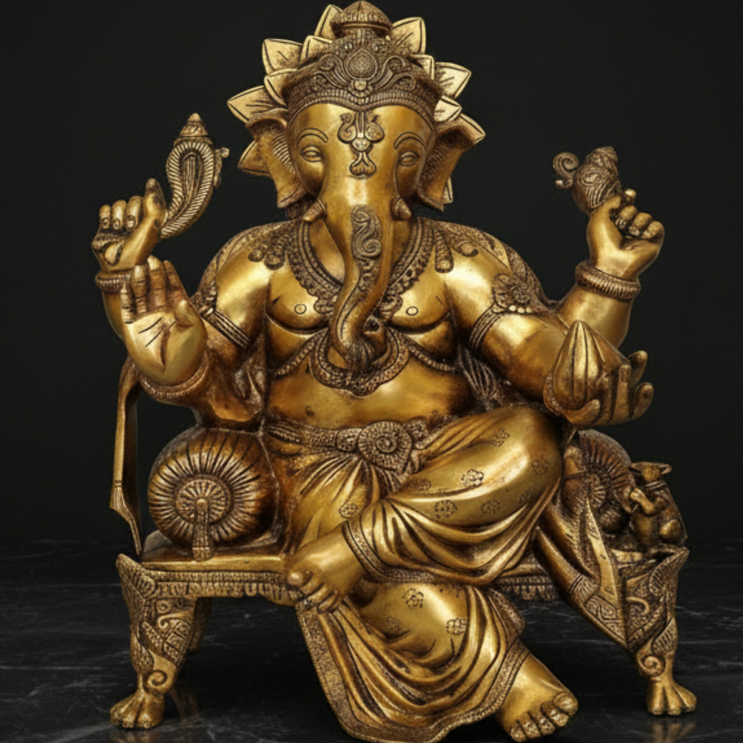 Brass Ganesha Idol Sitting On Chowki For Home Office Decor 20 Inch
