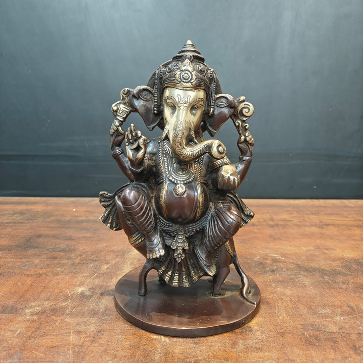 Brass Ganesha Idol Sitting On Mouse Antique Finish 10 Inch 463738