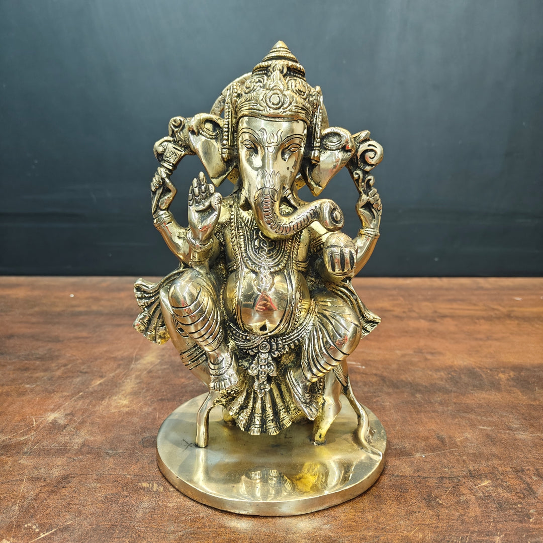 Brass Ganesha Idol Sitting On Mouse For Home Decor 10 Inch 463739