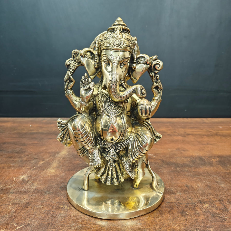 Brass Ganesha Idol Sitting On Mouse For Home Decor 10 Inch 463739