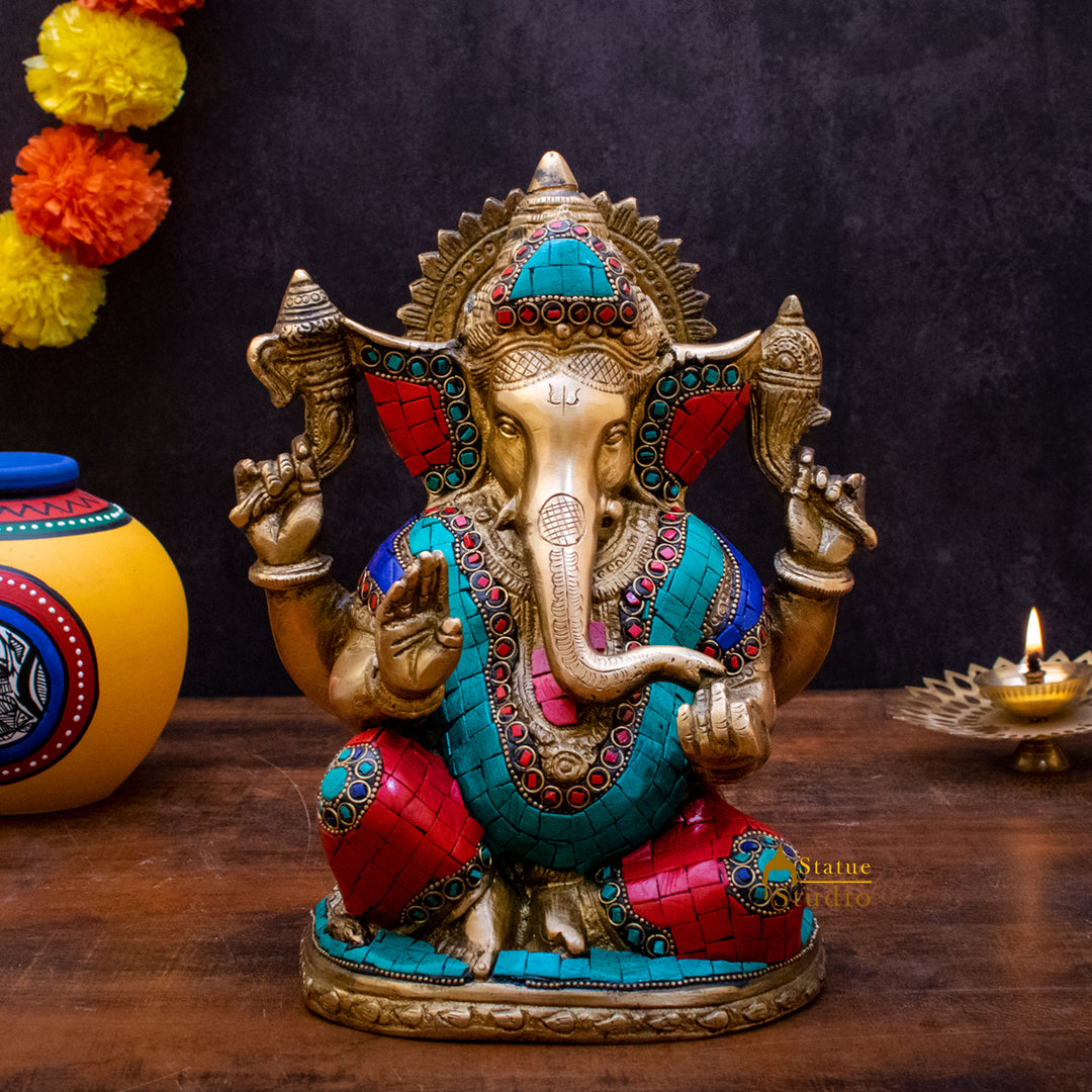 Brass Ganesha Idol Stone Work For Home Temple Decor 9 Inch 59900