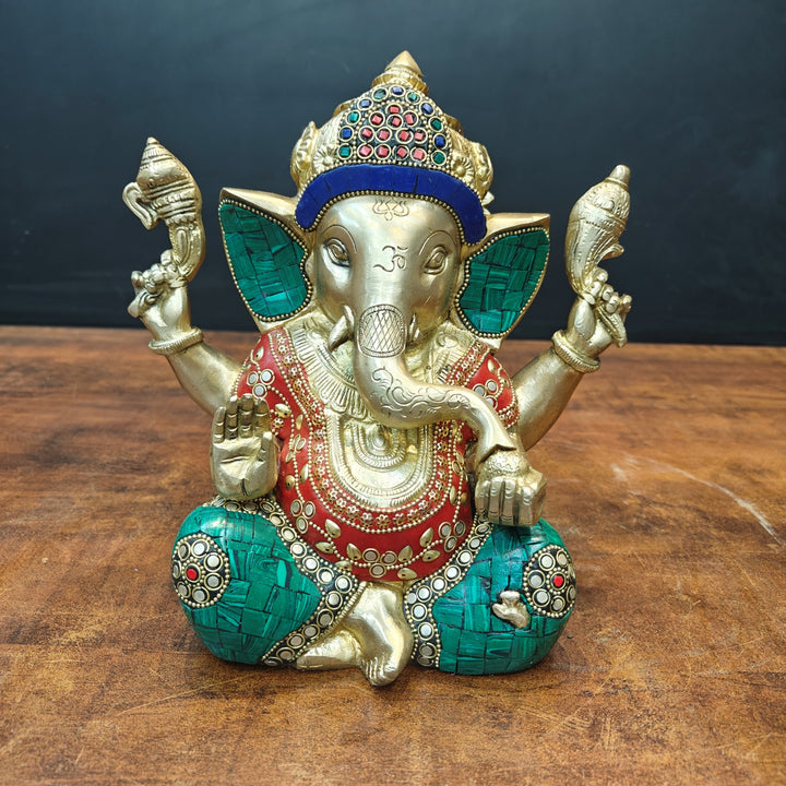 Brass Ganesha Idol With Stone Work For Home Decor 9 Inch 463568