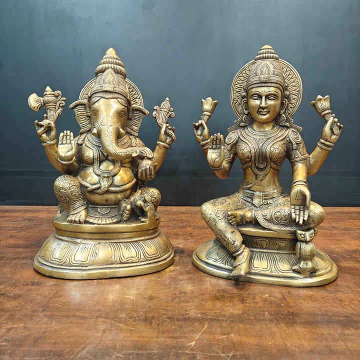 Brass Ganesha Lakshmi Idols For Home Temple Decor Antique Finish 15 Inches 463730