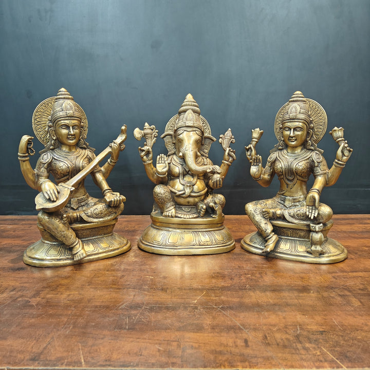 Brass Ganesha Lakshmi Saraswati Idols Antique Finish 15 Inches 463729